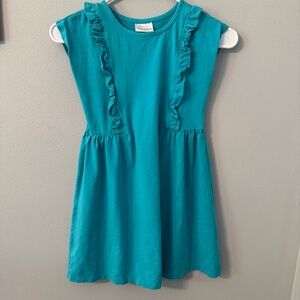 Hanna Andersson Girl Teal Blue Ruffle Trim Cap Sleeve Knit Dress Size 120 US 6-7